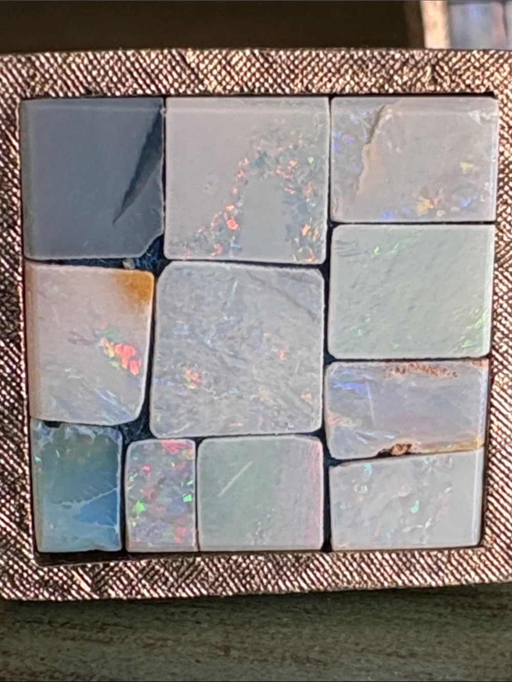 Vintage Sterling Silver Genuine Opal Mosaic Square Cufflinks Estate Jewelry